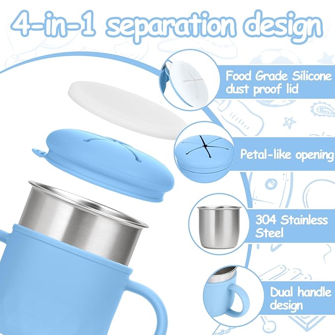 Toddler Snack Containers Stainless Steel Spill-Proof Snack Containers for Toddlers with Spill-Proof Silicone Lids and Handles 4-in-1 Baby Snack Cup is Dishwasher Safe for Easy use On The Go（Blue）