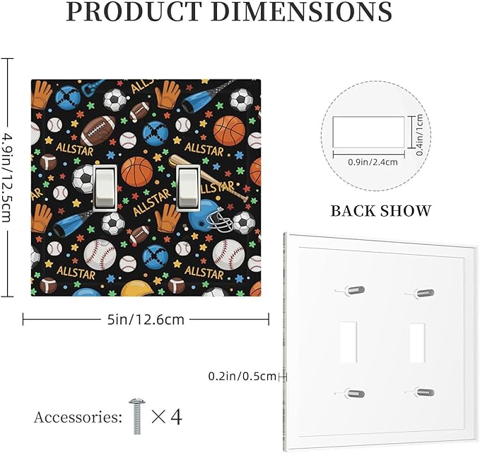 All Star Sports Double Toggle Switch Cover - 2-Gang Standard US Size Multi-Sport Light Switch Covers, Football Baseball Basketball for Boys & Girls Room Decor