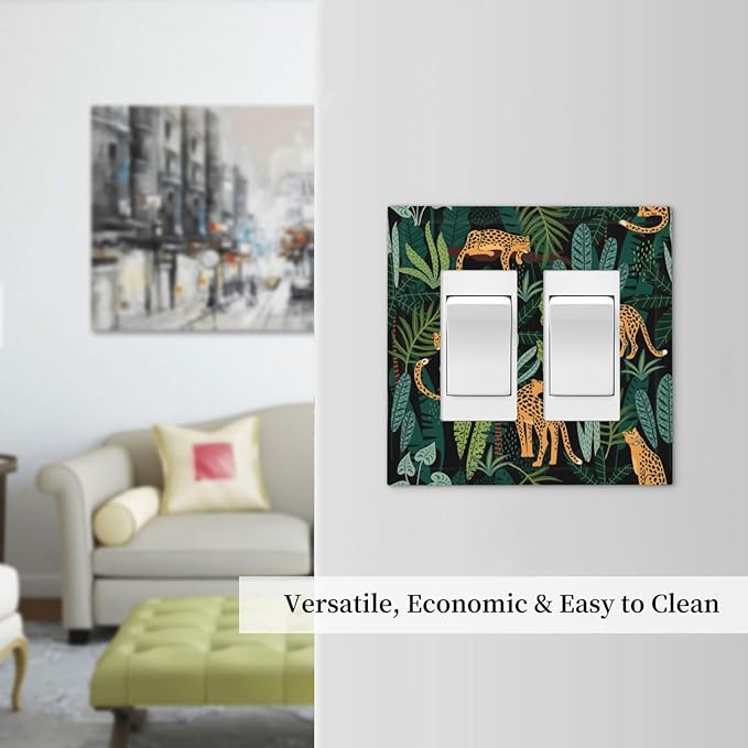 Jungle Cheetah Tropical Wildlife Leopard Green Palm Leaf Decorative Outlet Covers 2 Gang Double GFCI Rocker Electrical Wall Panels Light Switch Cover Plate for Farmhouse Home Decor