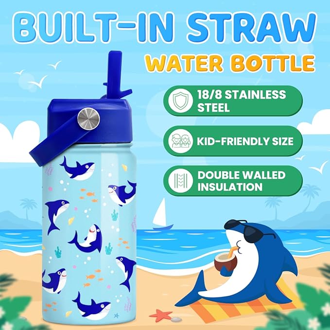 SANDJEST Shark Water Bottle - Kids Water Bottle with Straw Lid - 12 Oz Insulated Stainless Steel Water Bottles for Kid Boy - Travel Cup for School Sports