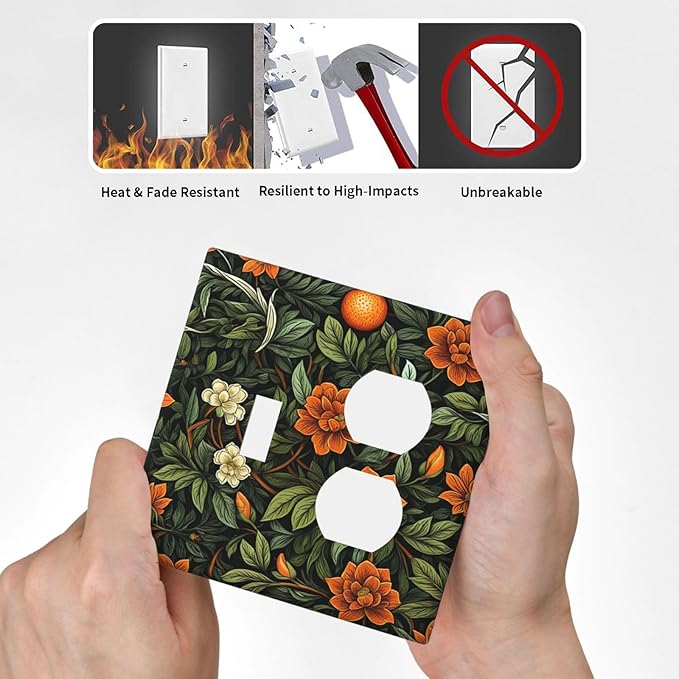 Light Switch Cover Plate William Morris Orange Flowers Rustic Leaves Floral 2 Gang Decorative Switch Plates 1 Toggle Duplex Combo Outlet Covers GFCI Wall Plates for Bathroom Bedroom Decor
