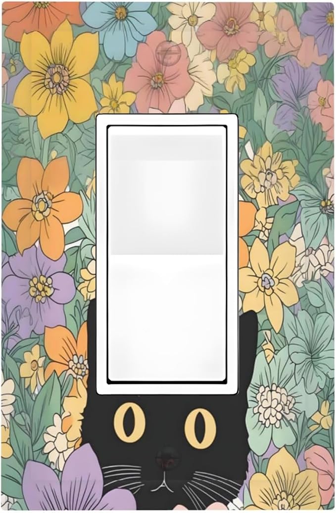 Decorative Outlet Covers Funny Cute Cartoon Cat Floral Colorful Flower 1 Gang Single Rocker Light Switch Cover Plate Wall Plates Gfci Faceplate For Kids Room Nursery Decor