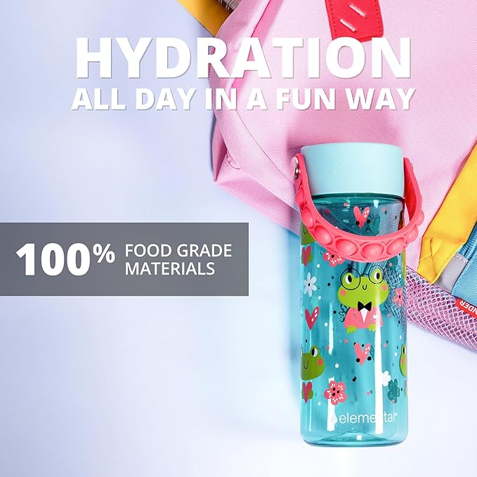 Elemental Water Bottles for Kids - Splash Kids Water Bottle for School with Pop-it Handle - BPA Free Tritan Plastic Water Bottle with Straw Leak Proof when Spout is Closed - Fancy Frog - 18oz