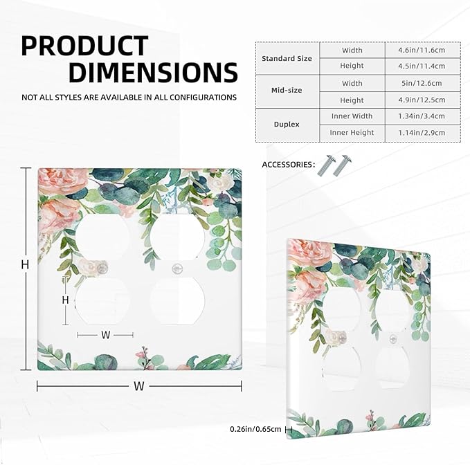 Green Eucalyptus Leaves Floral Watercolor Flower Outlet Covers 2 Gang Double Duplex Decorative Light Switch Covers Electrical Wallplates Socket Faceplate for Bed Room Living Room Decor