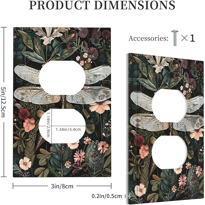 Vintage Dark Green Dragonfly Flowers Floral Botanical Outlet Covers 1 Gang Duplex Light Switch Cover Decorative Switch Plates Electrical Receptacle Faceplate Wall Plate for Farmhouse Home Decor