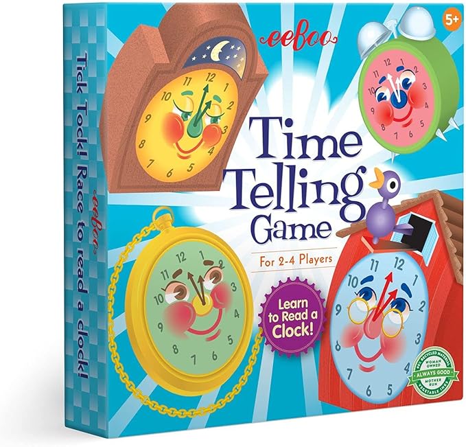 eeBoo: Time Telling Game, Learn to Read a Clock, 50 Game Cards with 4 Clocks and Score Pad, for 2-4 Players, Ages 5 and up