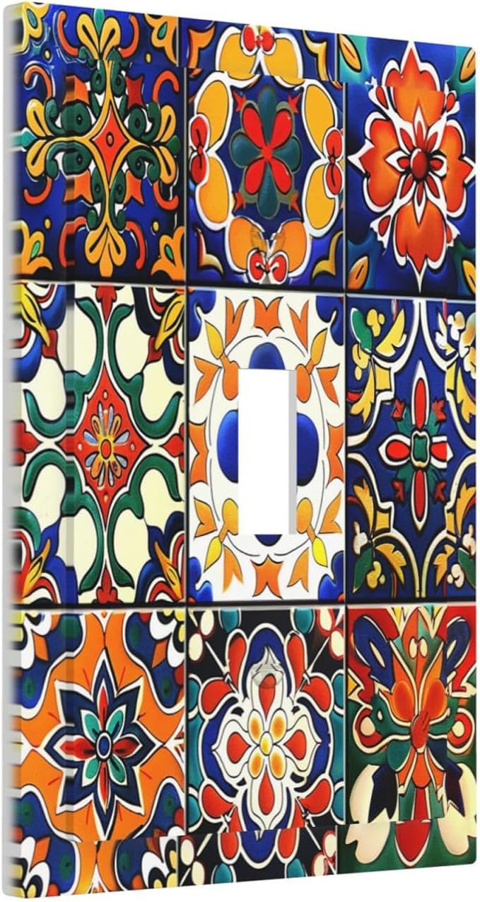 Decorative Light Switch Cover Colorful Mexican Talavera Vintage Boho Floral 1 Gang Single Toggle Device Electrical Faceplate Switchplates Decorator Outlet Wall Plate For Farmhouse