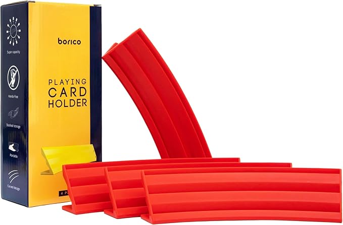 BORICO Card Holders for Playing Cards - 4 Pack Playing Card Holder for Kids and Adults,Stackable Storage Game Card Tray for Arthritis Patients with a Travel Pouch (Red)