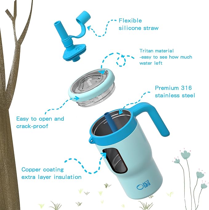 OISIZ 14oz Kids Tumbler with Straw Lid & Handle,Kids Cup with Animal Accessory for School,Kids Water Bottles with Dust-proof Cover,Leakproof Bottles,316 Stainless Steel,Keep Cold 24 Hours-sky blue
