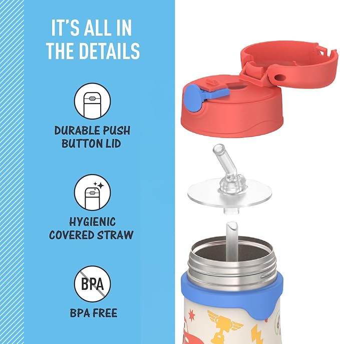 Thermos Baby 10 oz. Stainless Steel Bottle with pop-up straw, Cars