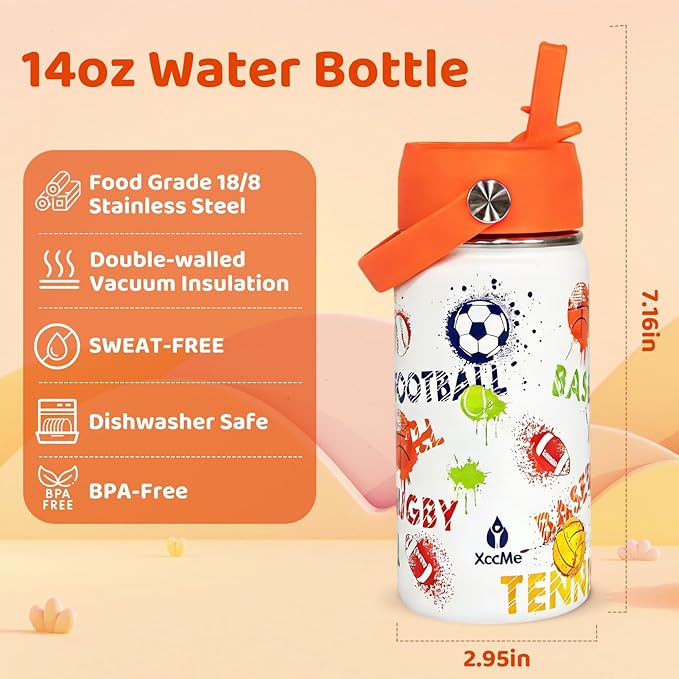 14oz Sports Ball Kids Water Bottle With Straw Lid,Stainless Steel Water Bottle,Double Wall Leak Proof & BPA-Free Kids Cup,Insulated Metal Bottle for Toddlers,School Boys Girls