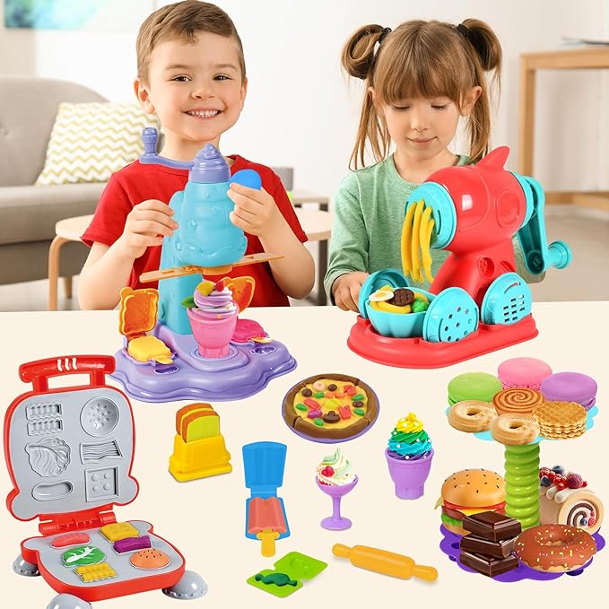 4 in 1 Color Dough Set for Kids 3-5 4-8 Play Kitchen 59Pcs Ice Cream Slime Tools Accessories Kit Playset Noodle Hamburger Maker Food Toy Birthday Gift 3 4 5 6 7 8 Year Old Boys Girls Toys