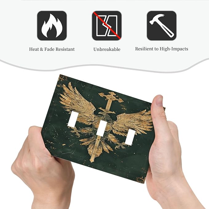 Medieval Retro Golden Eagle Totem Decorative Switch Plates 3 Gang Wall Plate Faceplate Electrical Wall Panels Triple Toggle Light Switch Cover for Bedroom Living Room Decor