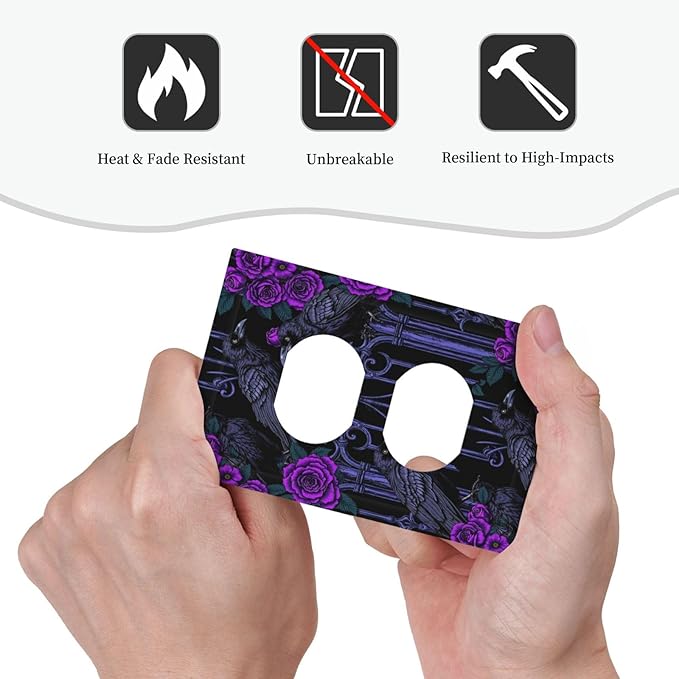Outlet Covers Gothic Style Crow Purple Flowers 1 Gang Duplex Electrical Receptacle Faceplate Light Switch Cover Wall Plate Decorative Switch Plates for Bedroom living Room Decor