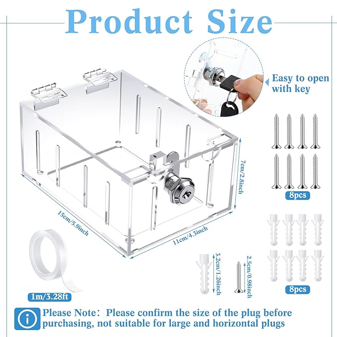 Briwooody 2 Pcs Baby Safety Outlet Cover Box Clear Outlet Covers with Key Outlet Cover for Electrical Outlets Easy Install, Provides Extra Space Inside for Plugs, Adapters