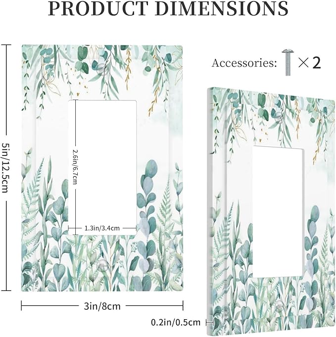 Boho Green Eucalyptus Leaf Floral Sage Flower Decorative Outlet Covers 1 Gang Single Rocker Light Switch Cover Plate Wall Plates GFCI Faceplate for Bedroom Living Room Decor