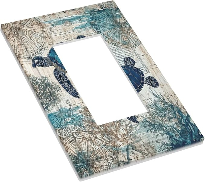 Blue Green Sea Turtle Tropical Ocean Coral Nautical Map Decorative Outlet Covers 1 Gang Single Rocker Light Switch Cover Plate Wall Plates Gfci Faceplate For Bed Room Bathroom Decor