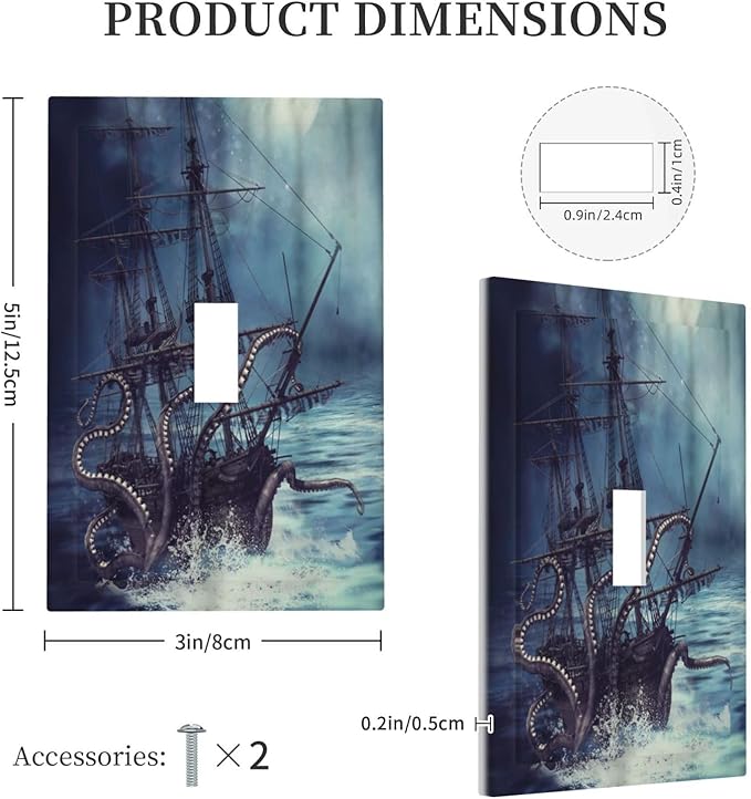 Octopus Ocean Kraken Nautical Pirate Ship 1 Gang Light Switch Covers Decorative Unique Single Toggle Wall Plate Switchcover Electrical Switchplate for Kitchen Bathroom Bedroom Decor