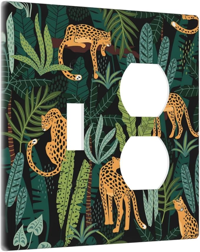 Jungle Cheetah Tropical Wildlife Leopard Green Palm Leaf Wallplates 1 Toggle 1 Duplex Switch Plate Electrical GFCI Faceplate Decorative Light Switch Covers for Farmhouse Home Decor