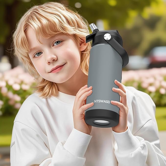 Kids Water Bottle with Straw,18 oz Boys Insulated Cups with Stainless Steel Leak Proof for School Boys Girls,Sport&Travel（Grey）