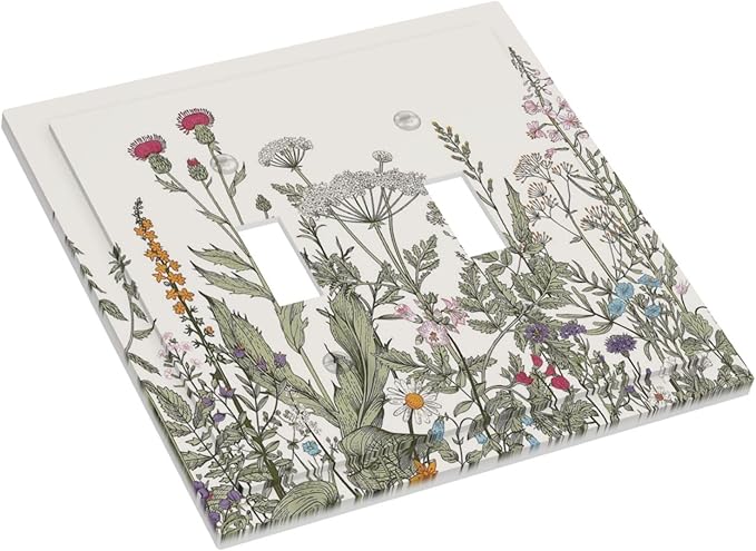 Vintage Colorful Wild Flower Floral Decorative 2 Gang Light Switch Cover Blossom Spring Bloom Herb Sage Botanical Plant Doouble Toggle Dual Device Outlet Electrical Switch Socket Plug Face Plate Cover