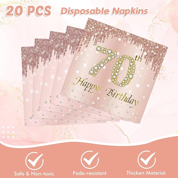 Ryzovo 41Pcs 70th Birthday Decorations, Rose Gold Birthday Party Supplies Include 20Pcs Plates 20Pcs Napkins and 1Piece Tablecloth, Sweet Seventy Year Old Birth Party Tableware for Girl Ladies Women