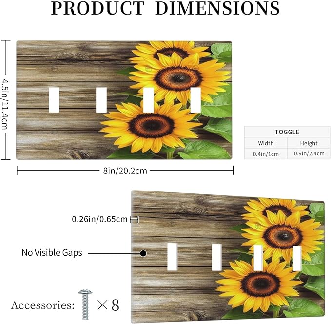 Light Switch Covers Sunflowers Rustic Wood Quad Toggle Electrical Faceplate 4 Gang Wall Plate Decorative Switch Plates For Farmhouse Cabin Decor