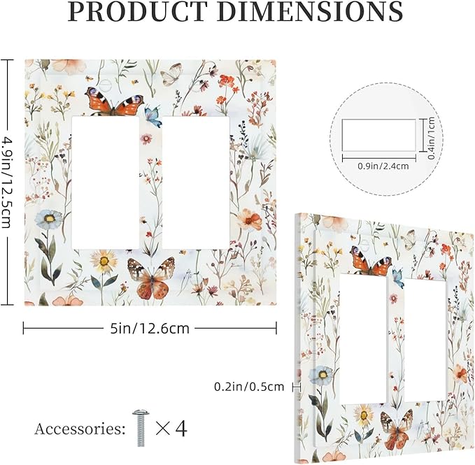 Decorative Outlet Covers Butterfly Floral Boho Multicolor Flower Leave 2 Gang Double GFCI Rocker Electrical Wall Panels Light Switch Cover Plate for Bed Room living Room Decor
