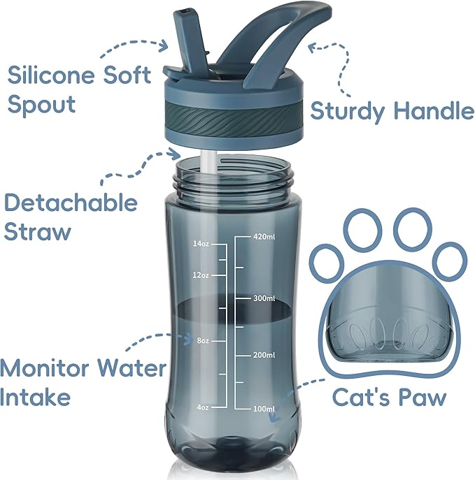 Kids Clear Water Bottle 14oz Flip with Straw Carry Handle, Leakproof, Reusable, Tritan, BPA Free, Suitable for Boys and Girls, Dark blue