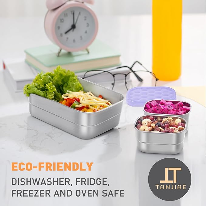 Tanjiae Small Stainless Steel Lunch Containers for Kids | Leak Proof BPA Free Snack Containers with 100% Pure Silicone Lids - Perfect Metal Lunch Box with Lids for School and Daycare (25oz+8oz*2)