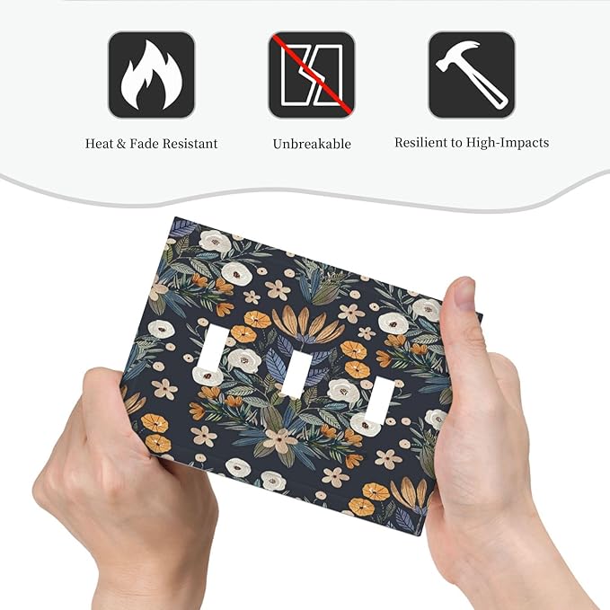 Boho Leaf Floral Navy Blue Background 3 Gang Light Switch Covers Triple Toggle Wall Plate Decorative Switchplate Electrical Faceplate for Farmhouse Country Bedroom Bedroom Decor