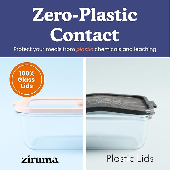 Ziruma Non-Toxic 6.2 Cup Glass Food Storage Containers with Lids, Large Food Containers, Plastic Free Meal Prep, Airtight Food Storage Container, Microwave and Freezer Safe, 2 Pack