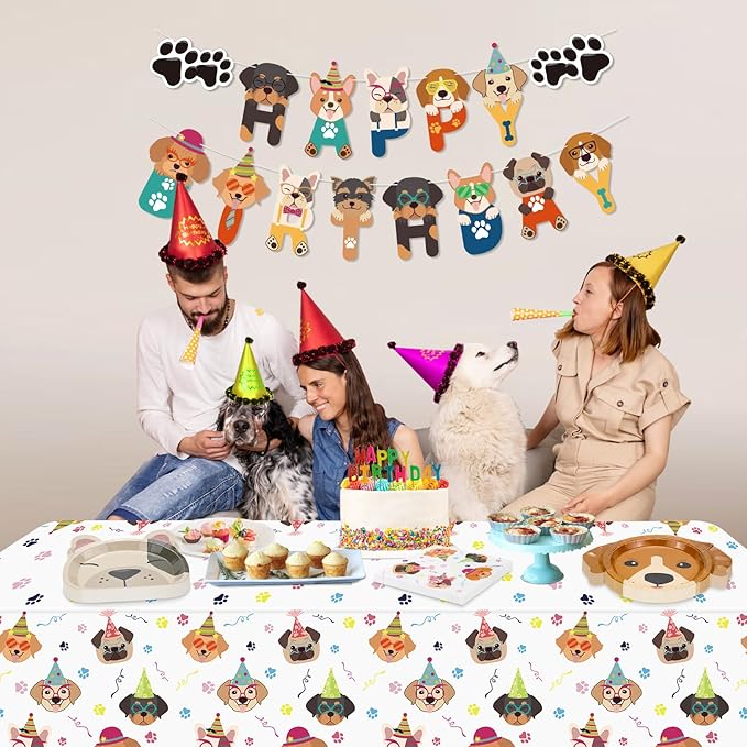 81 Pcs Dog Party Decorations - Including Plates, Napkins, Puppy Tablecloth, Black Plastic Forks for Kids Puppy Dog Themed Birthday Party Supplies, Serve 20