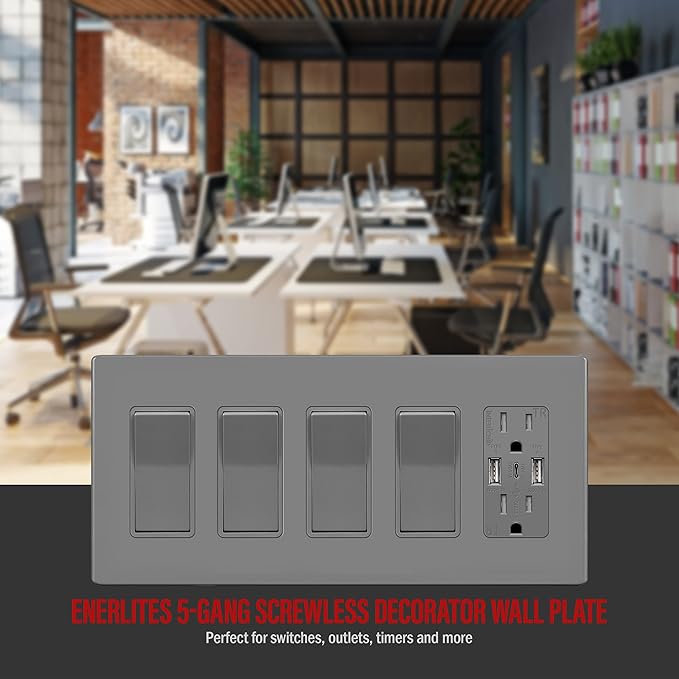 ENERLITES Screwless Decorator Switch Cover, Five Gang Outlet Wall Plate, Standard Size 5-Gang 4.68" x 10.14", Unbreakable Polycarbonate Thermoplastic, UL Listed, SI8835-GY, Gray