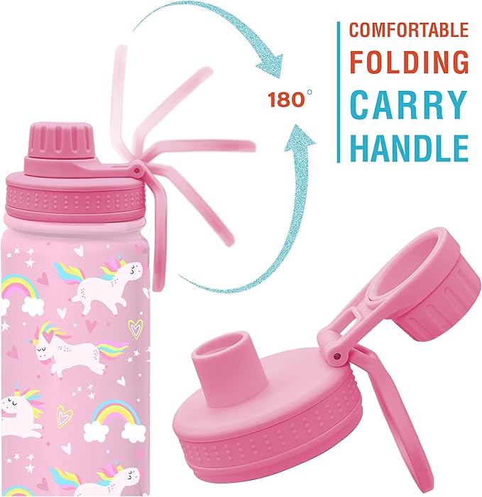 CHILLOUT LIFE 17 oz Kids Insulated Water Bottle for School with Leakproof Spout Lid and Cute Waterproof Stickers, Personalized Stainless Steel Thermos Flask Metal Water Bottle, Pink Unicorn