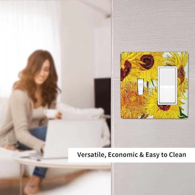 Rustic Sunflower Oil Painting Vintage Flowers Outlet Covers 1 Toggle 1 Rocker Combination Decorative Wall Plate Electrical Switch Plates Light Switch Cover Plate for Bed Room Living Room Decor