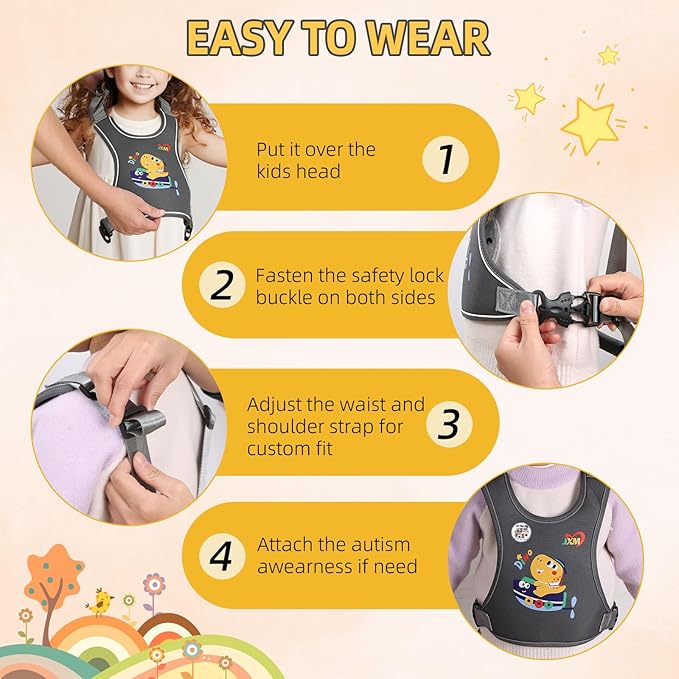 Safety Walking Harness for Kids 3-6, Anti-Elopement Vest Harness for Autism Special Needs ADHD, Reflective Leash with Grab Handle for Autistic, Active Children, Adjustable Tether for Travel and Crowds