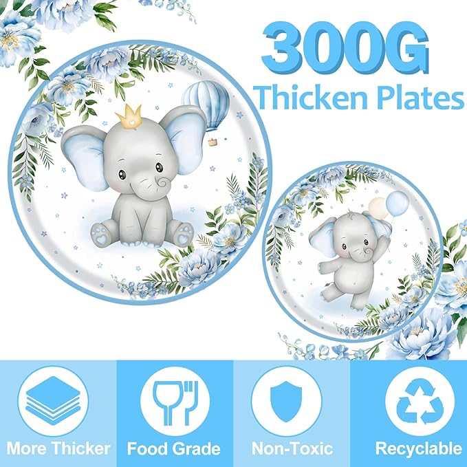 Elephant Baby Boy Shower Party Supplies - 175pcs Blue Elephant Party Decorations Paper Plates Napkins Cups and Utensils Tableware Sets Blue Floral Theme Birthday Party Tableware Set