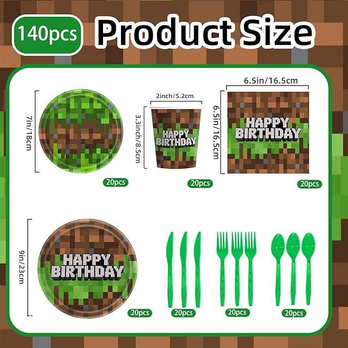 140pcs Green Birthday Party Decorations Green Plates Napkins Party Supplies Disposable Paper Cups Tableware Set for Boys Kid Teen Birthday Decor Serves 20