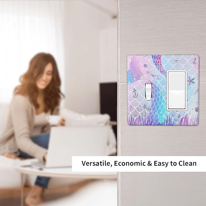 Purple Pink Mermaid Tail Scales Starfish Decorative Single Toggle/Rocker Combo Light Switch Cover 2-Gang Cute Kids Girl Electrical Wall Plate Double Combination Switch Decorator GFCI Receptacle Cover