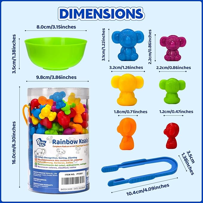 Pairez Toys Counting Toys for Toddlers, 60 Rainbow Koala Counters w/Sorting Bowls, Color Sorting, Counting & Math Manipulatives, Preschool Homeschool & Classroom Early Learning Supplies