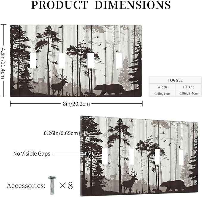 Light Switch Cover Rustic Deer Hunting Forest Woodland 4 Gang Switch Plate Quad Toggle Wall Plates Country Decorative Switchplate Electrical Outlet Cover Plates for Farmhouse Home Decor