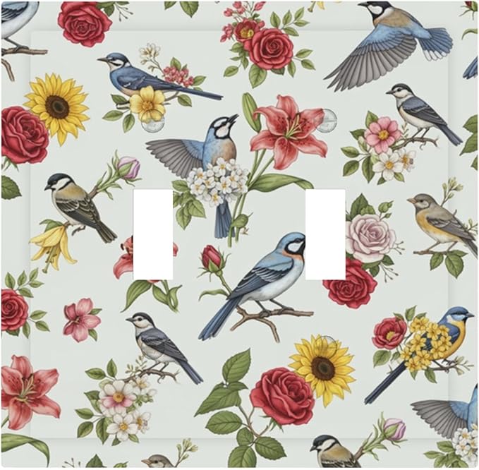 Vintage Birds & Blooms Double Toggle Switch Cover - 2-Gang Standard US Size English Countryside Chintz Light Switch Covers, Botanical Floral & Songbird for Bedroom Decor