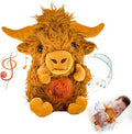 Highland Cow Soothing Breathing Stuffed Animal for Anxiety Kids, Sleeping Cow Plush Toy, Anxiety Stuffed Animal with Realistic Breathing Action and Lighted Music Easter Basket Stuffers