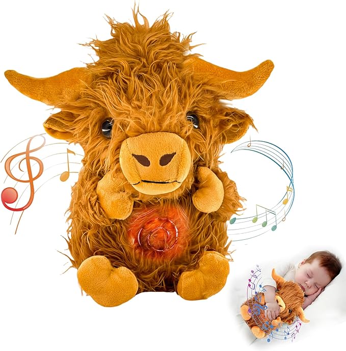 Highland Cow Soothing Breathing Stuffed Animal for Anxiety Kids, Sleeping Cow Plush Toy, Anxiety Stuffed Animal with Realistic Breathing Action and Lighted Music Easter Basket Stuffers