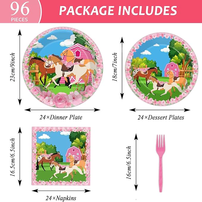 96 Pcs Horse Party Plates Napkins Tableware Set Kentucky Birthday Party Supplies Derby Disposable Paper Dinnerware Pink Cowgirl Western Theme Table Decoration Favors for Girls Baby Shower, 24 Guests