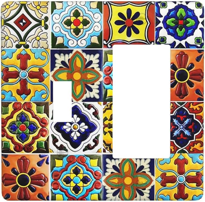 2-Gang 1-Toggle 1-Decorator/GFCI Device Combination Wallplate Colorful Mosaic Moroccan Mexican Boho Talavera Floral Ceramic Tile Combo Rocker/Toggle Receptacle Outlet Light Switch Cover Face Plate