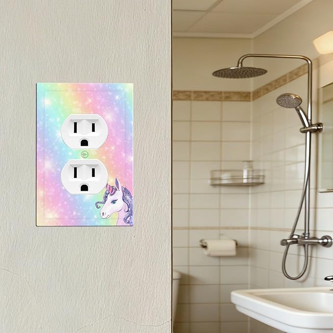 Rainbow Unicorn Duplex Wall Plate - 1-Gang Standard US Size Pastel Galaxy Sparkle Outlet Covers, Magical Fantasy for Kids Bedroom