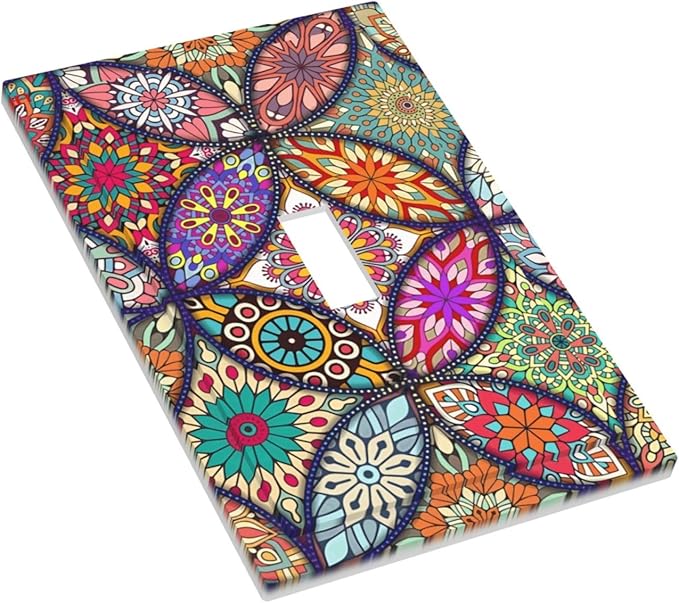 Boho Floral Pretty Colorful Mandala Flowers Decorative Light Switch Cover 1 Gang Single Toggle Device Electrical Faceplate Switchplates Decorator Outlet Wall Plate for Bedroom Living Room Decor