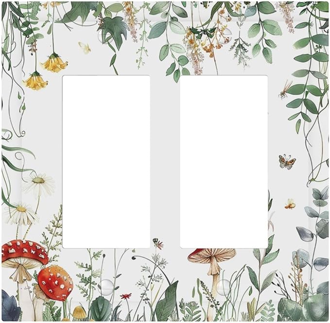 Decorative Outlet Covers Sage Plant Red Mushroom Butterfly Wild Flower 2 Gang Double Gfci Rocker Electrical Wall Panels Light Switch Cover Plate For Bed Room Kids Room Decor